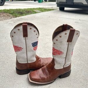 Ariat Brown and White Cowboy Boots with American Flag Design